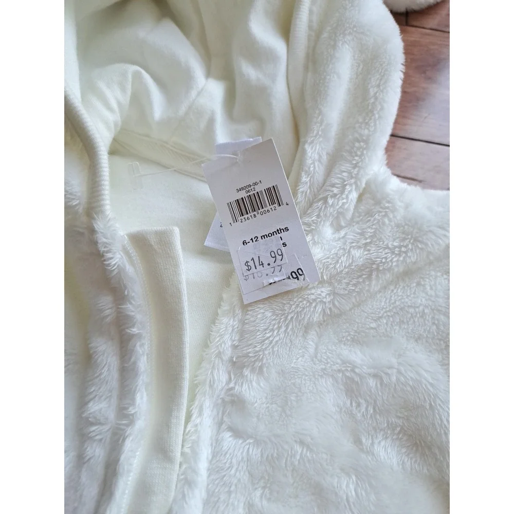 Gap Baby White Fleece Full Front Zipper Hooded Jumpsuit Romper Lined 6-12 M NWT